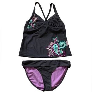 Athleta Gray Paisley Floral 36D/36DD Tankini Top.M Swim Bottom